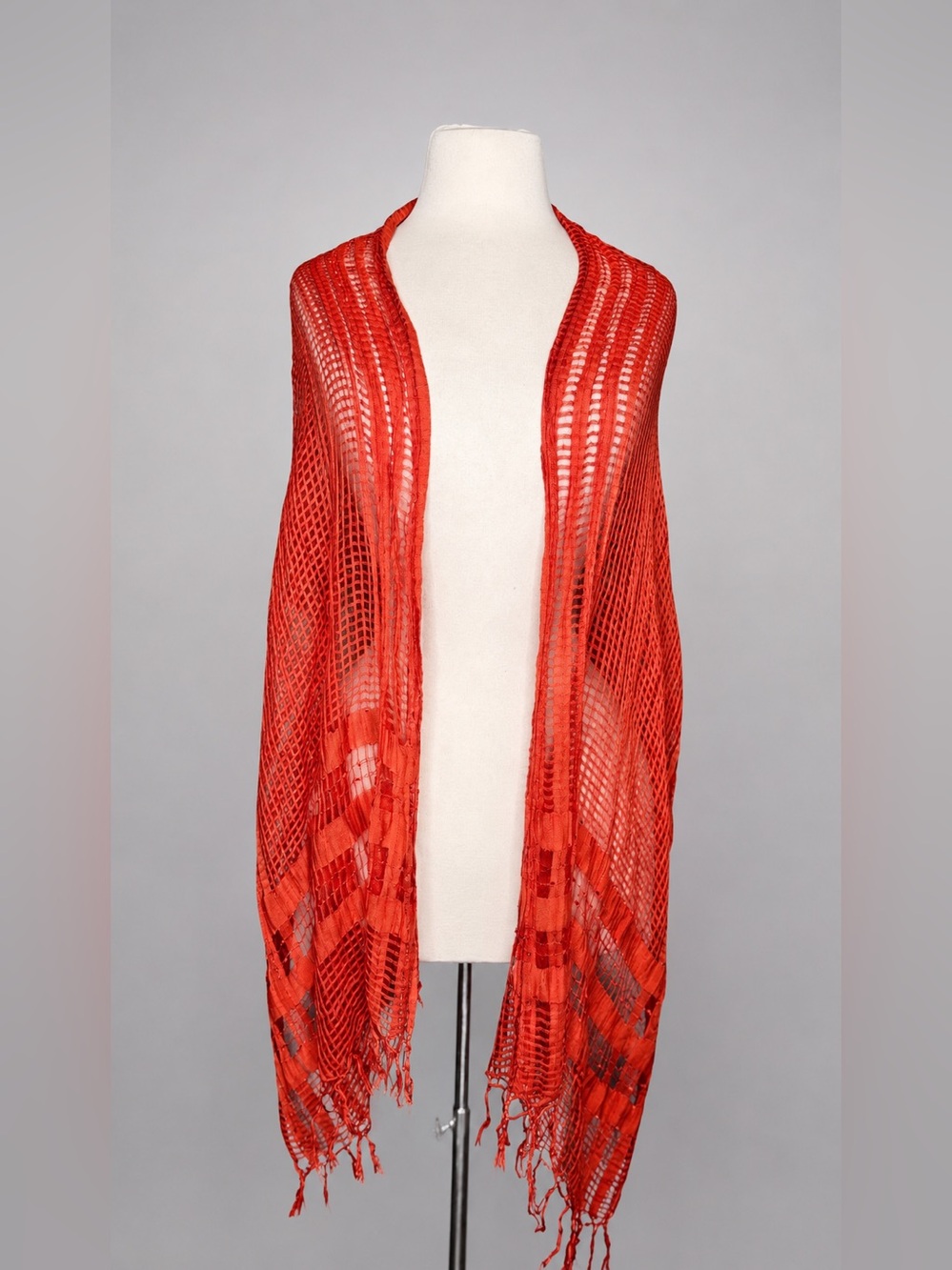 Red Open-Weave Fringe Wrap Scarf